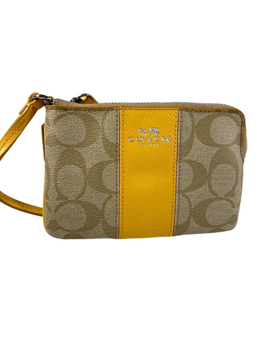 Coach Signature Wristlet Wallet Tan Yellow Stripe Canvas Leather 6x4